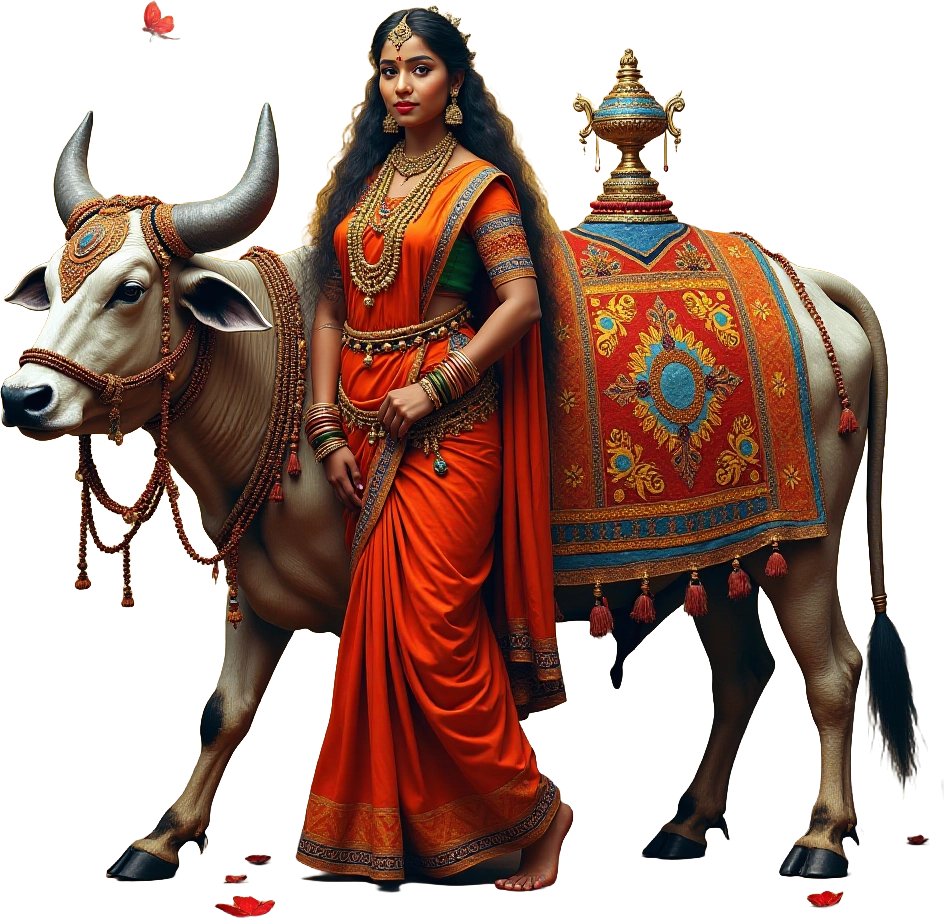 Traditional Indian Woman with Sacred Cow